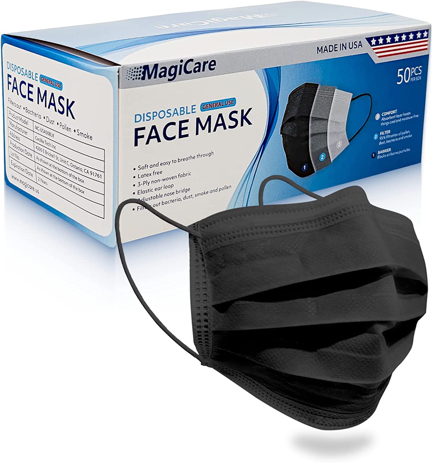 MagiCare Made in USA Masks - Black Face Masks Disposable - Premium 3 Ply Face Mask for Adults - Comfortable, Soft, Breathable - Black Face Masks Disposable Made in USA - 50ct Box
