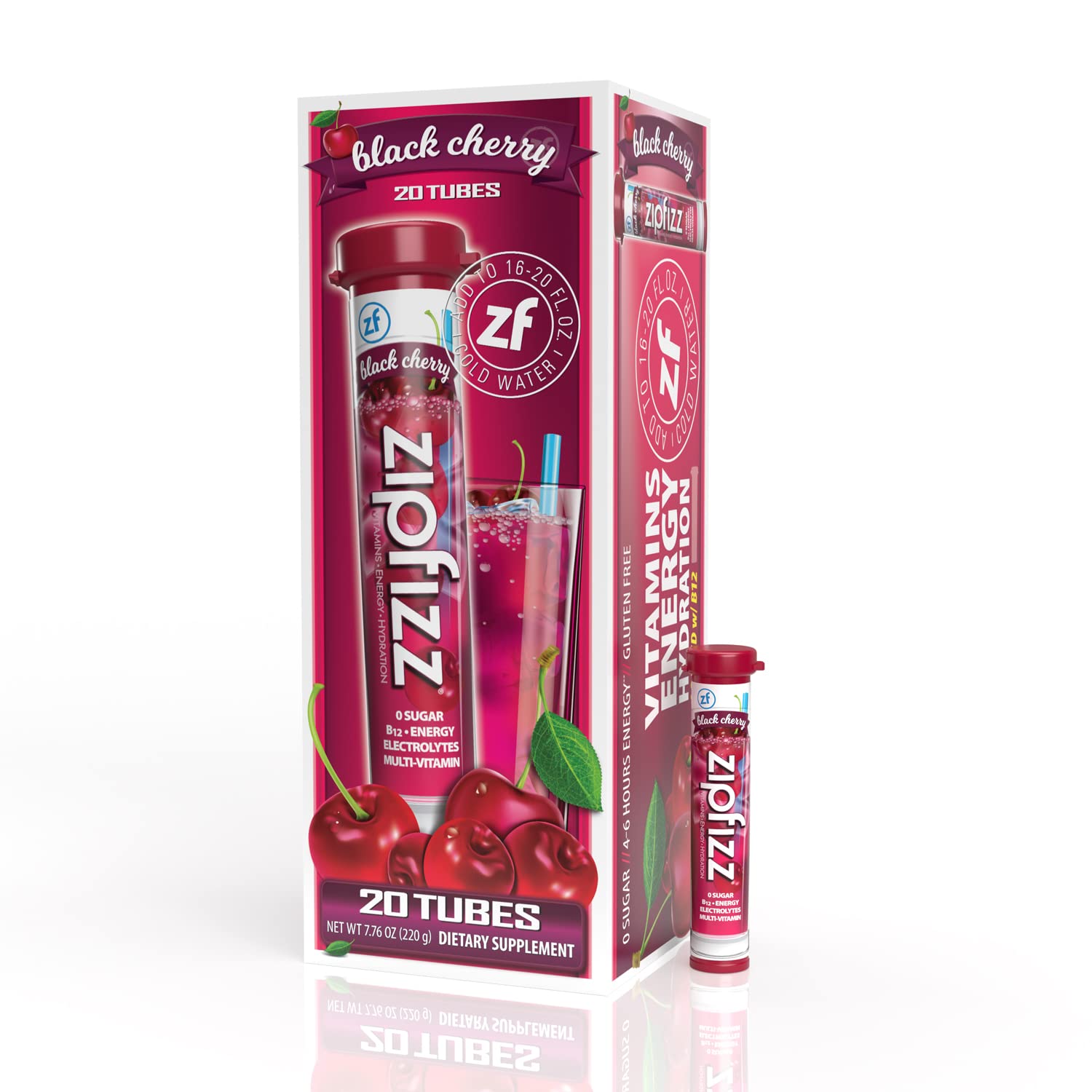 Zipfizz Energy Drink Mix， Electrolyte Hydration Powder with B12 and Multi Vitamin， Black Cherry (20 Pack)