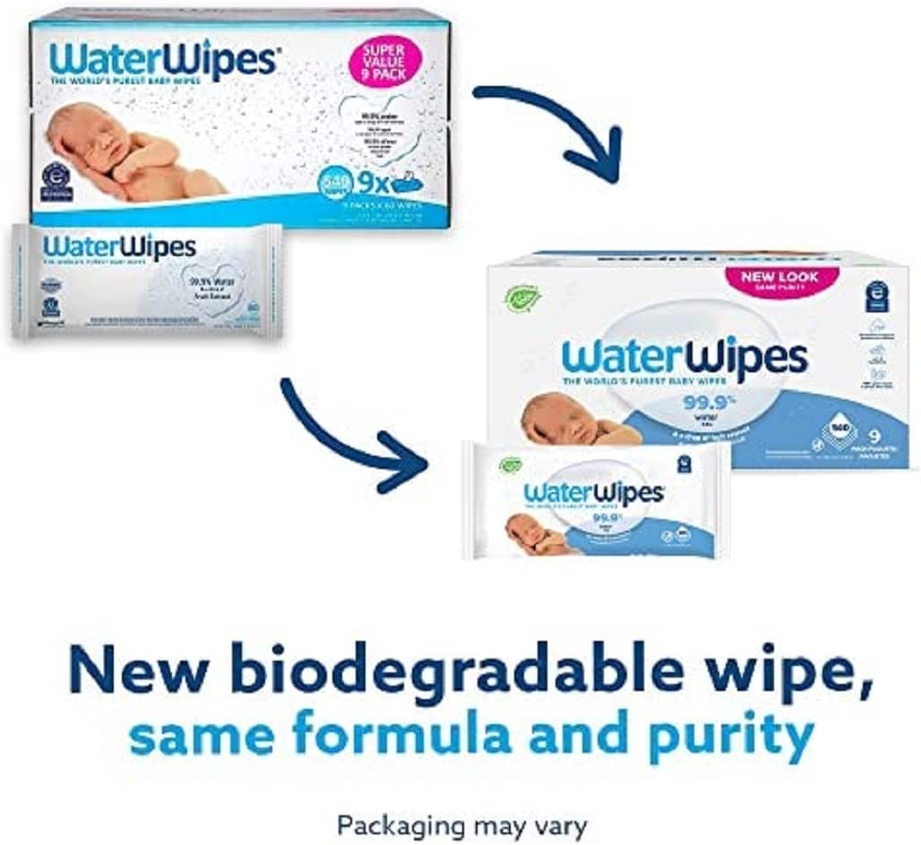 WaterWipes Plastic-Free Original Baby Wipes, 99.9% Water Based Wipes, Unscented & Hypoallergenic for Sensitive Skin, 300 Count (5 packs), Packaging May Vary