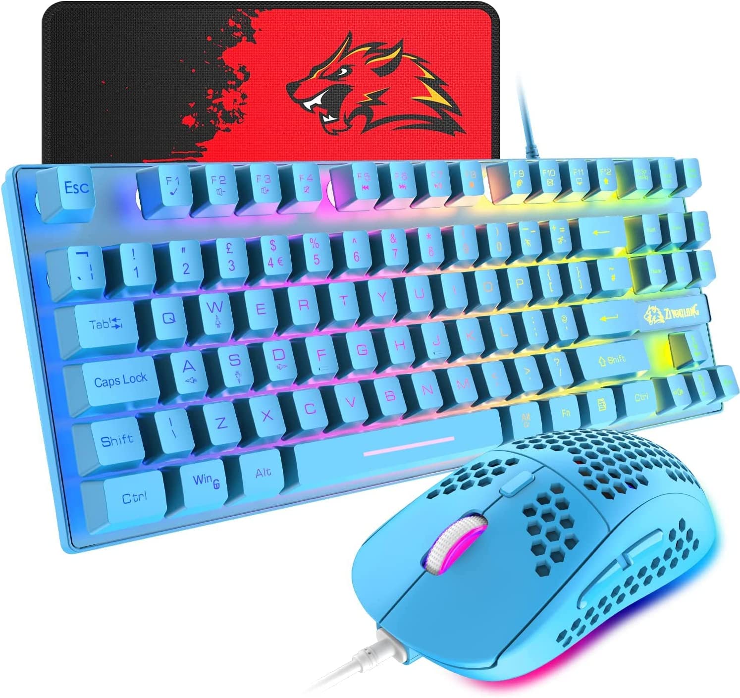 Gaming Keyboard and Mouse Combo,88 Keys Compact Rainbow Backlit Mechanical Feel Keyboard,RGB Backlit 6400 DPI Lightweight Gaming Mouse with Honeycomb Shell for Windows PC Gamers (Blue)