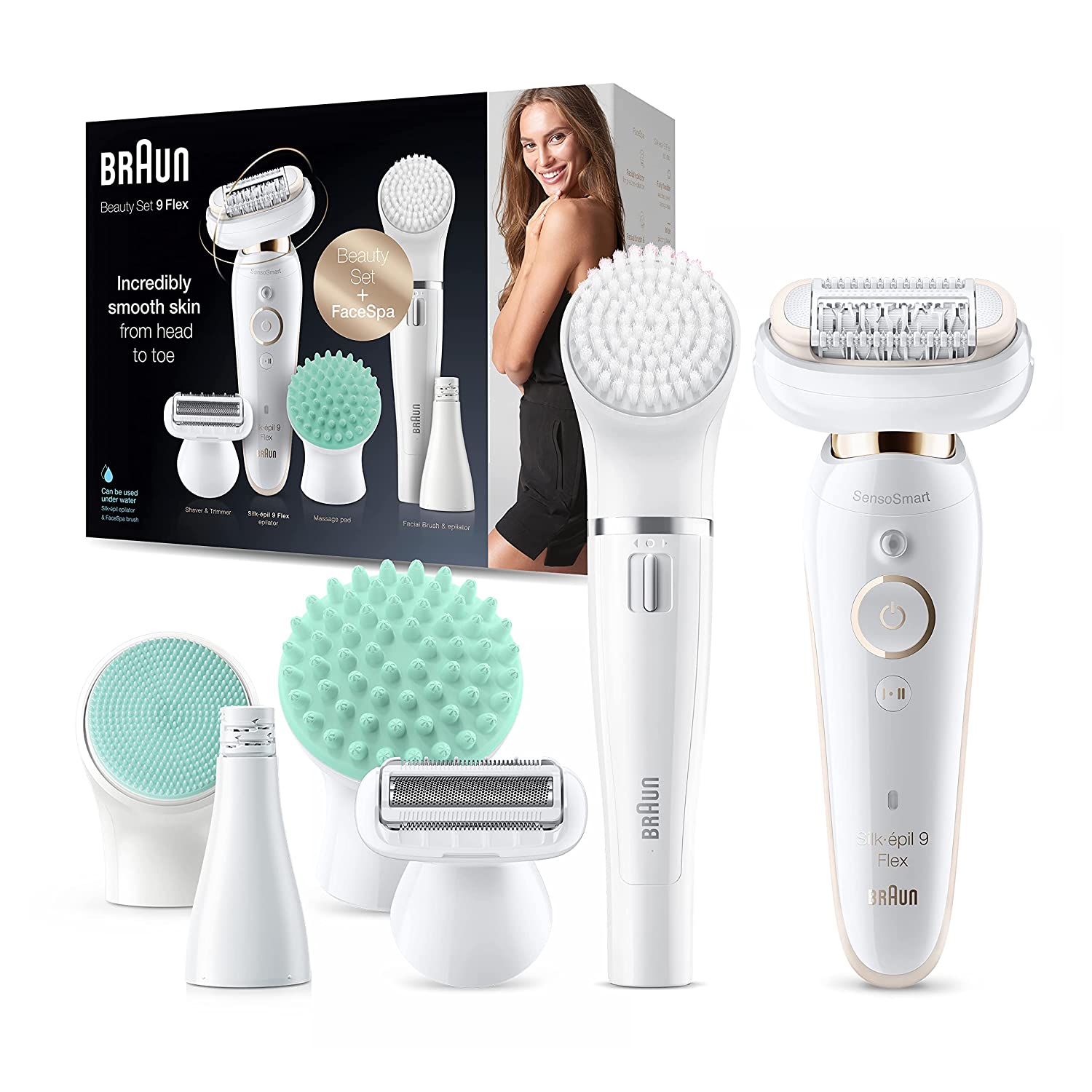 Braun Epilator Silk-épil 9 Flex 9-300 Beauty Set, Facial Hair Removal for Women, Hair Removal Device, Shaver & Trimmer, Cordless, Rechargeable, Wet & Dry, FaceSpa