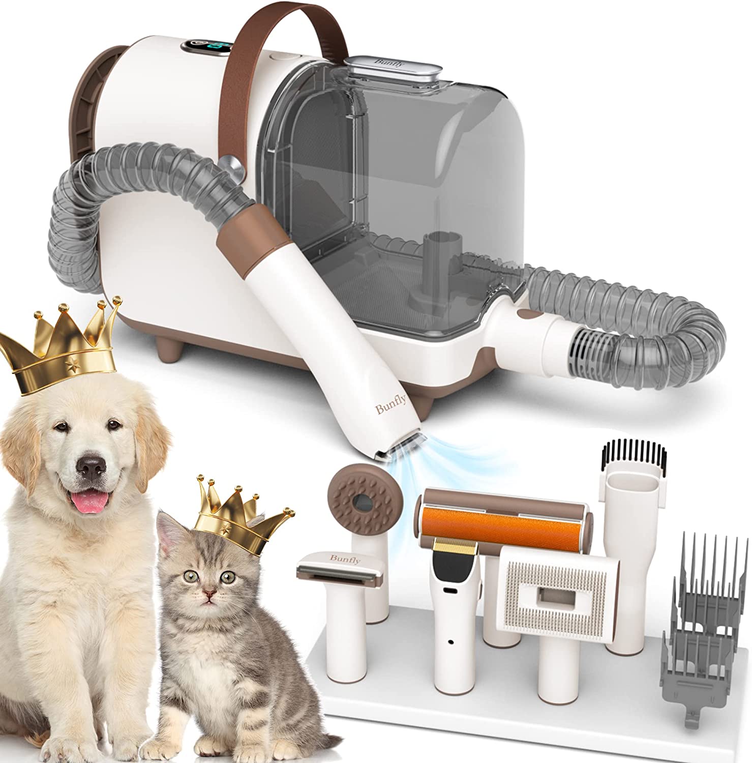 Bunfly Pet Clipper Grooming Kit & Vacuum Suction 99% Pet Hair, 6 Grooming Tools, 2.5L Capacity Easy Empty Dustbin for Pet Hair, Home Cleaning-Brown