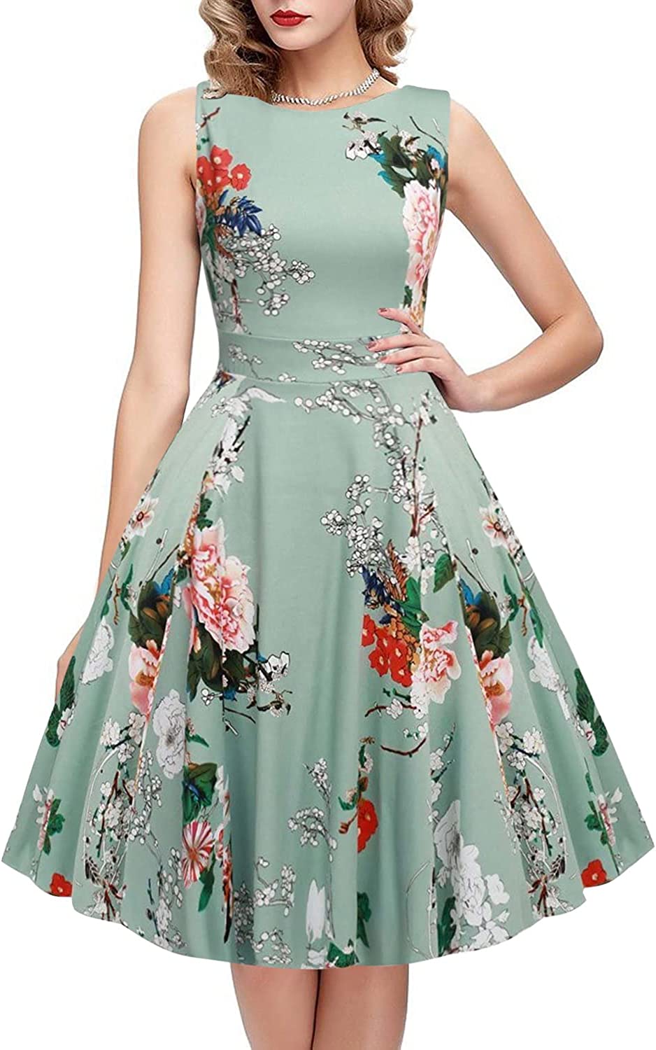 IHOT Vintage Tea Dress 1950's Floral Flare Casual Garden Retro Swing Party Cocktail Dress for Women