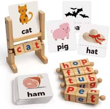 Coogam Wooden Reading Blocks Short Vowel Rods Spelling Games, Flash Cards Turning Rotating Letter Puzzle for Kids, Sight Words Montessori Spinning Alphabet Learning Toy for Preschool Boys Girls