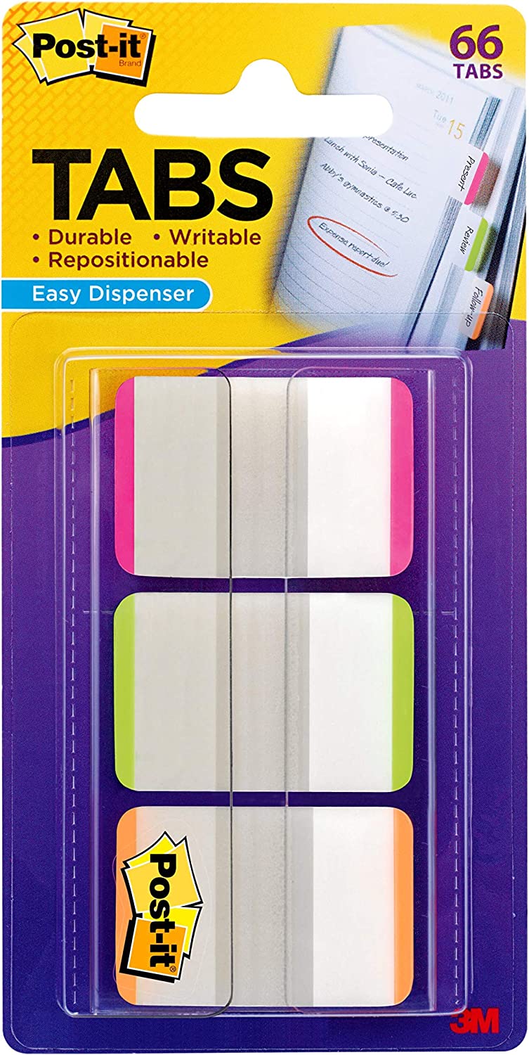 Post-it Tabs, 1 in, Lined, Pink, Green, Orange, 22 Tabs/Color, 66 Tabs/On-the-Go Dispenser (686L-PGO)