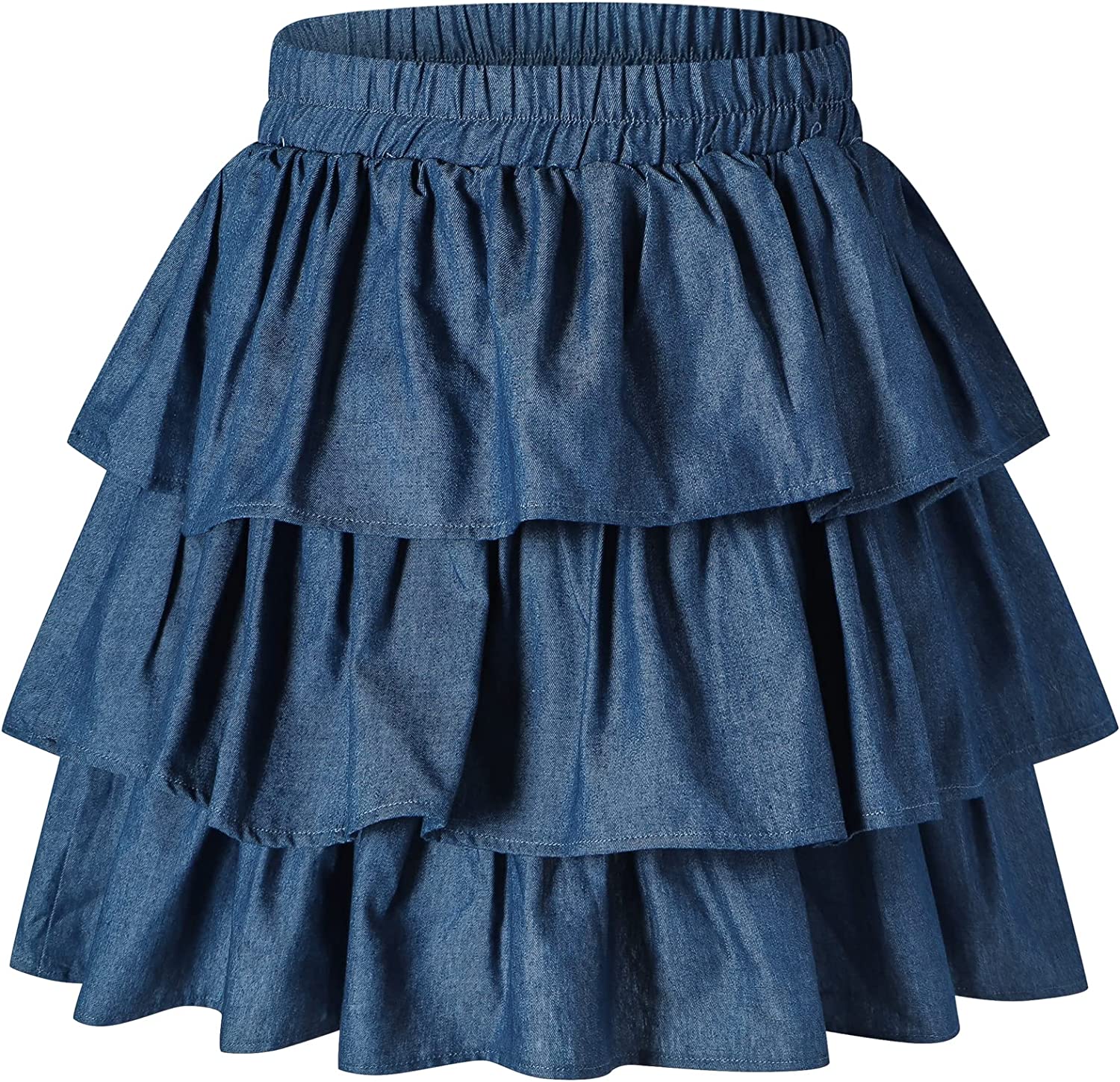 Girls Skater Skirt Denim Solid Color Denim Skirt with Lace Hem