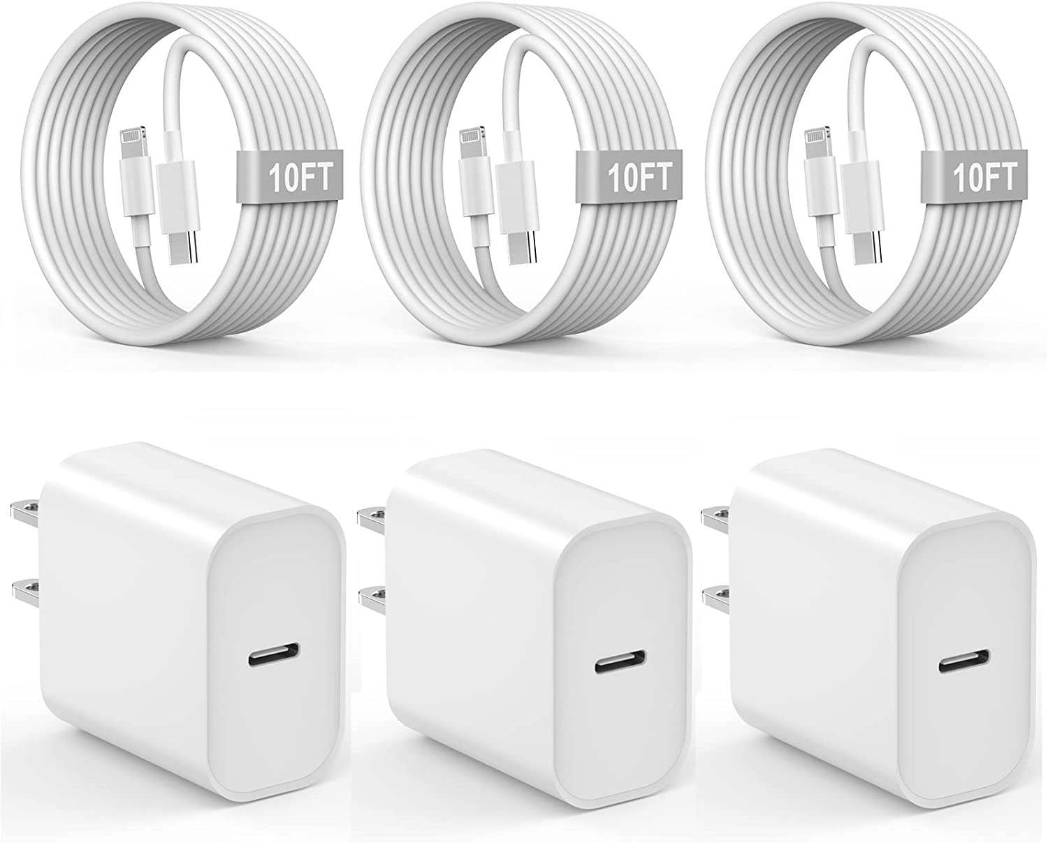 iPhone Charger 10 FT, 3 Pack [Apple MFi Certified] PD 20W USB C iPhone Charger Fast Charging Block with 10FT Long Type C to Lightning Cable Compatible for iPhone 14 13 12 11 Pro Max XS XR X 8 iPad