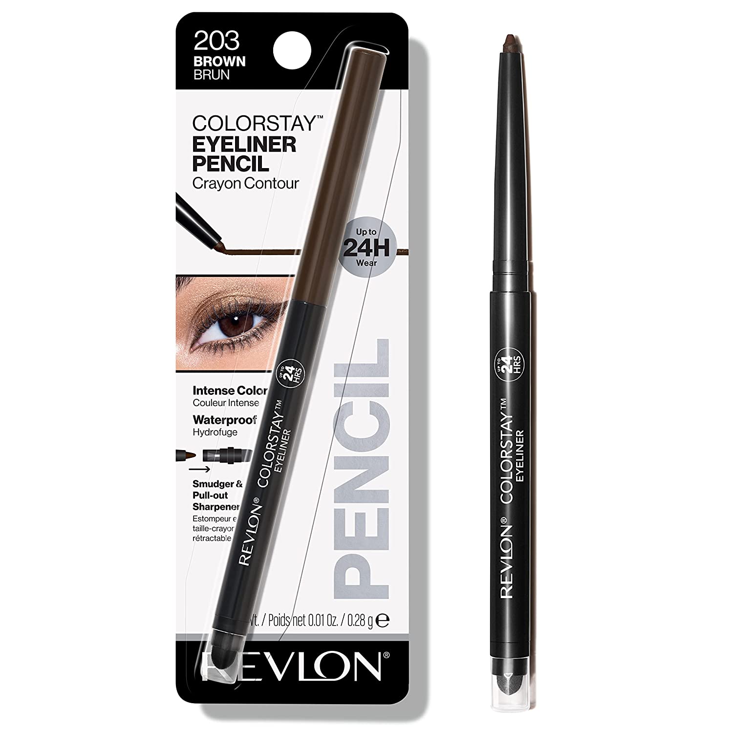 Pencil Eyeliner by Revlon, ColorStay Eye Makeup with Built-in Sharpener, Waterproof, Smudgeproof, Longwearing with Ultra-Fine Tip, Black Brown, 0.01 Oz