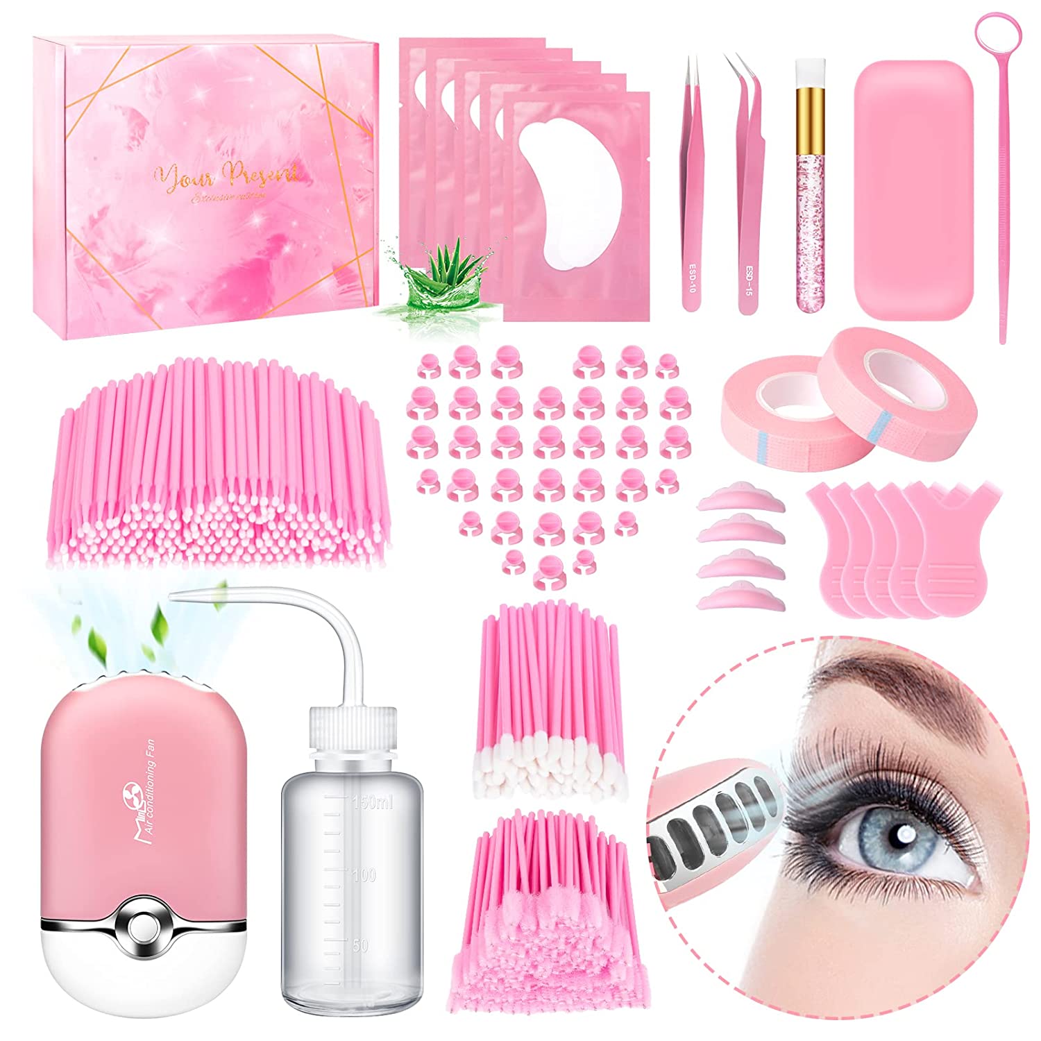 487PCS Eyelash Extension Kit Lash Extension Supplies for Beginners and Professionals, Lash Lift Eyelash Perm, Including Mini Fan Lash Dryer, Tweezers, Glue Rings, Mascara Brushes, Eye Gel Pads