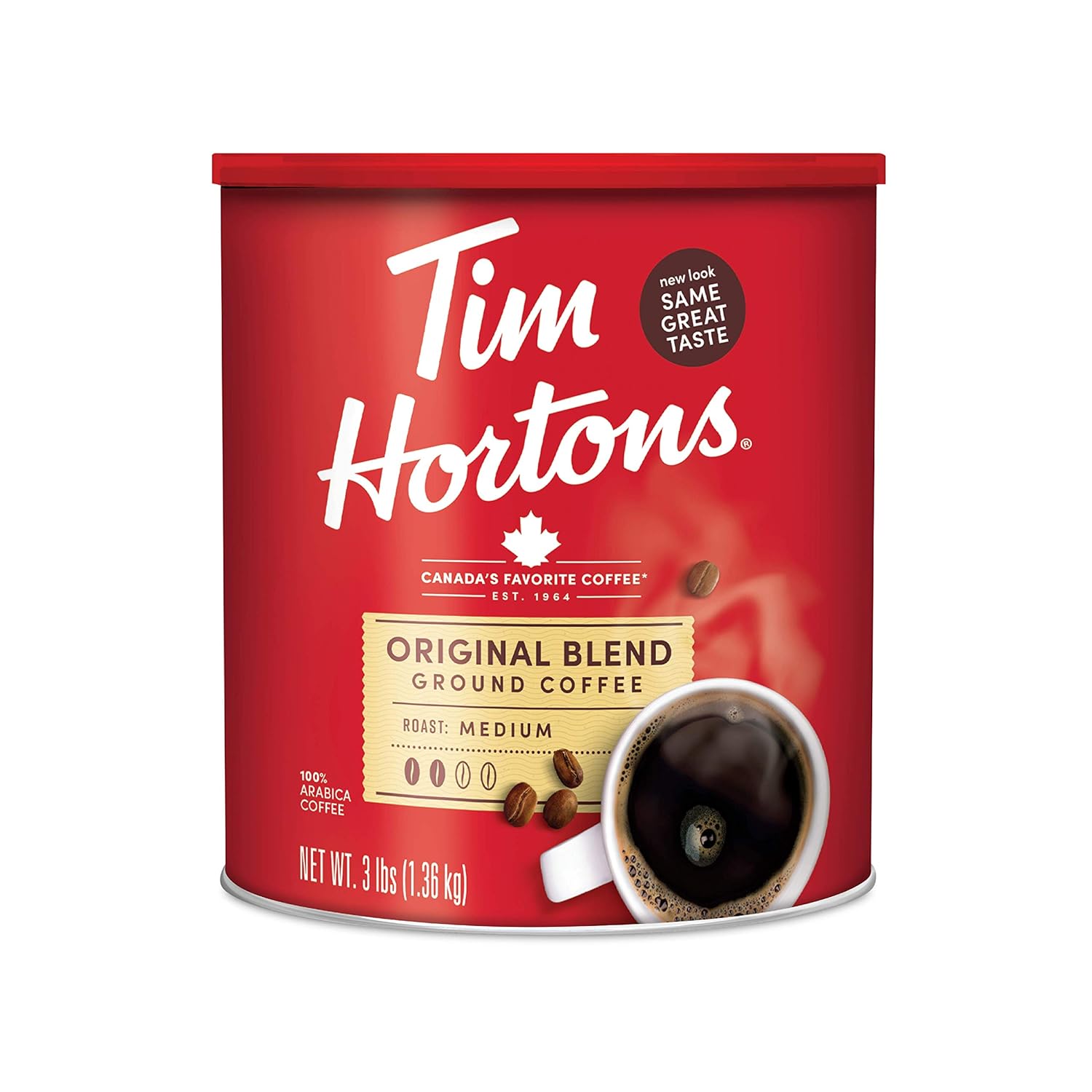 Tim Hortons Original Blend， Medium Roast Ground Coffee， Canada’s Favorite Coffee， Made with 100% Arabica Beans， 48 Ounce Canister