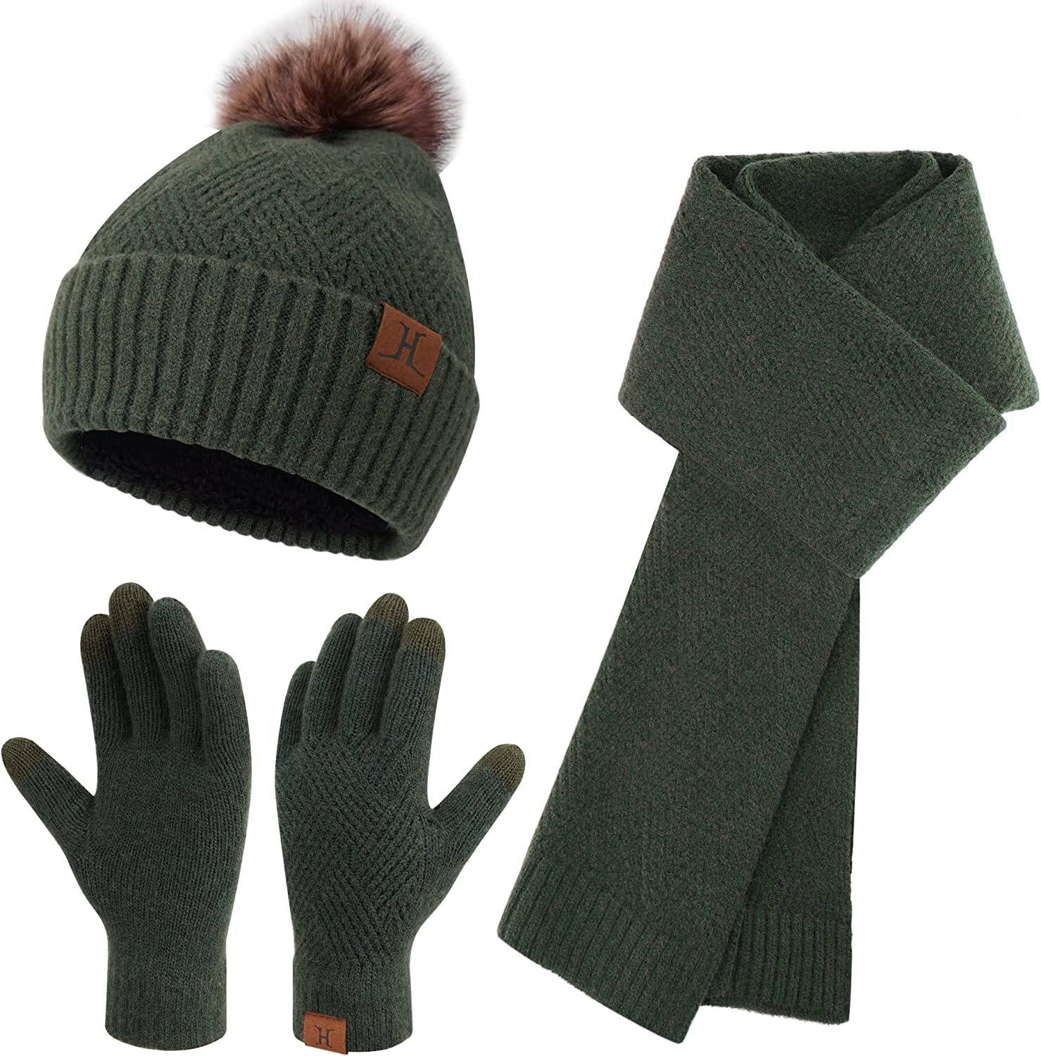 Womens Winter Beanie Hats Long Scarf Neck Touchscreen Gloves Set Knitted Pompom Cap with Thermal Fleece Lined