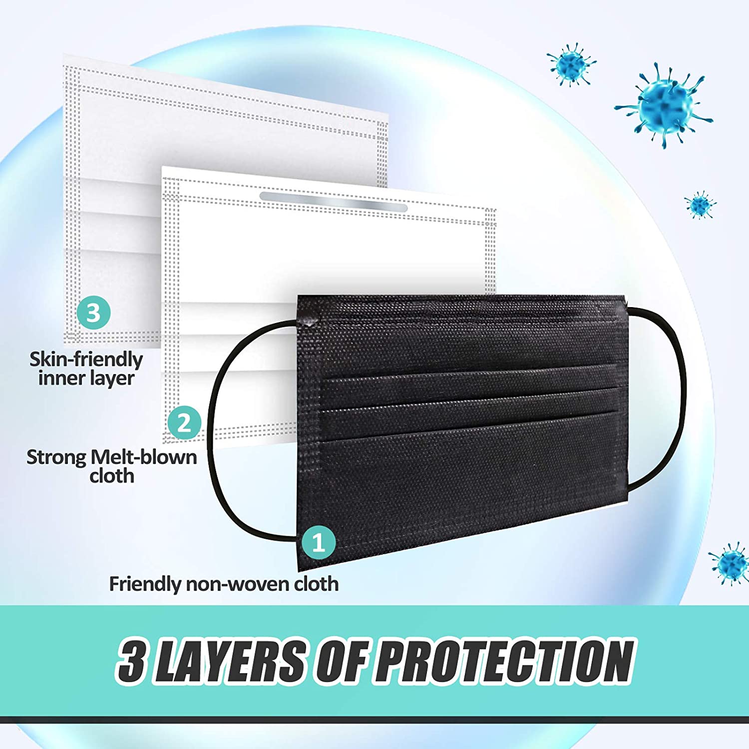 Black disposable face masks medical grade,3 layermasks disposable 50 pack